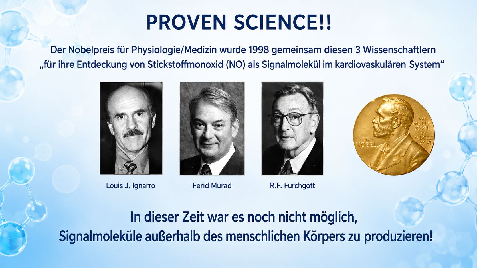 Nobelpreis 1998 – Signalmoleküle & Wissenschaft Fissenschaft und Forschung Informationsgrafik zur Nobelpreis-Forschung 1998 über Stickstoffmonoxid als Signalmolekül im kardiovaskulären System.