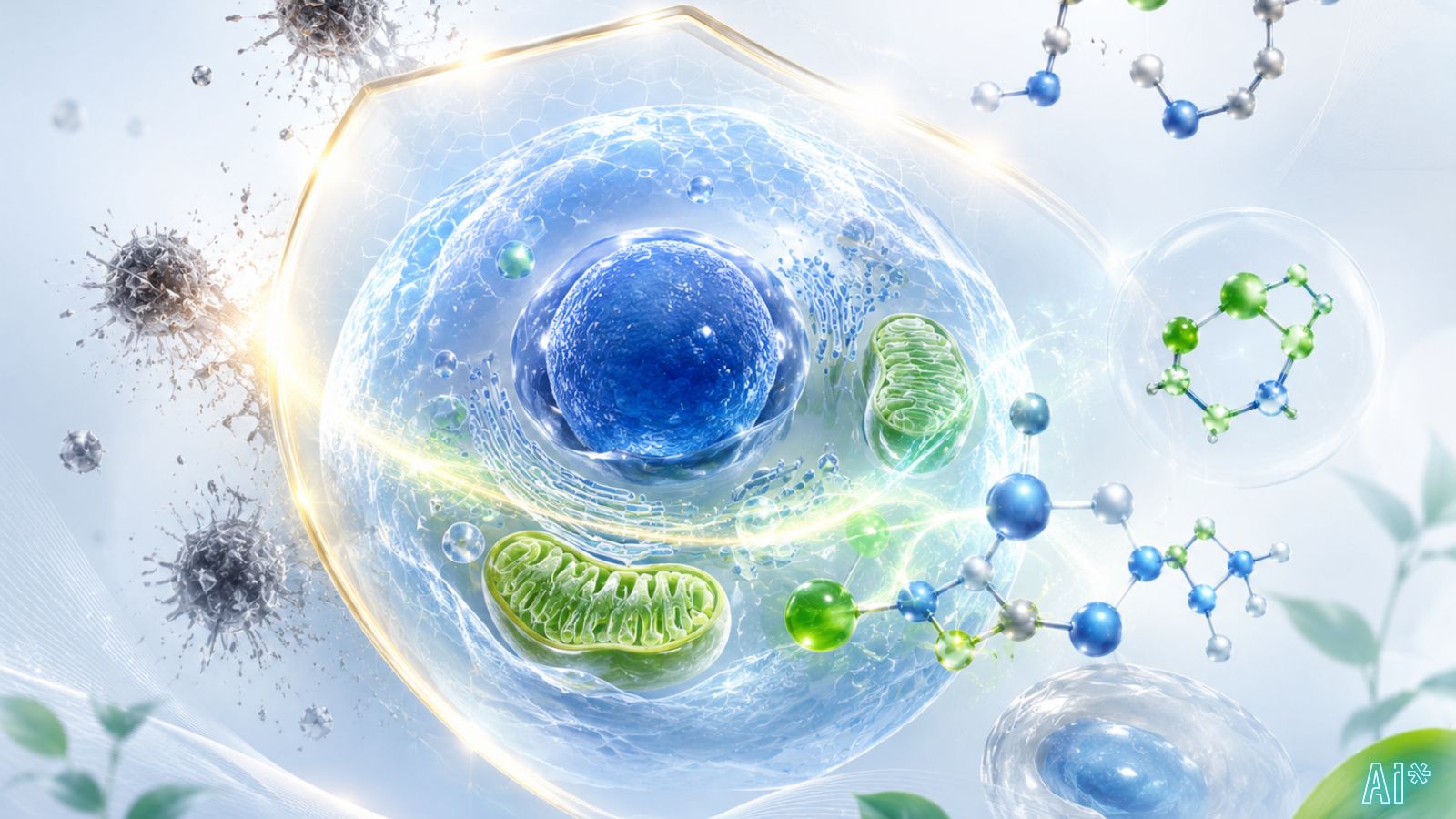 NRF2 & Glutathion – körpereigener Zellschutz Abstrakte Darstellung einer geschützten Zelle mit molekularen Strukturen in Blau und Grün als Symbol für NRF2, Glutathion und körpereigenen Zellschutz.